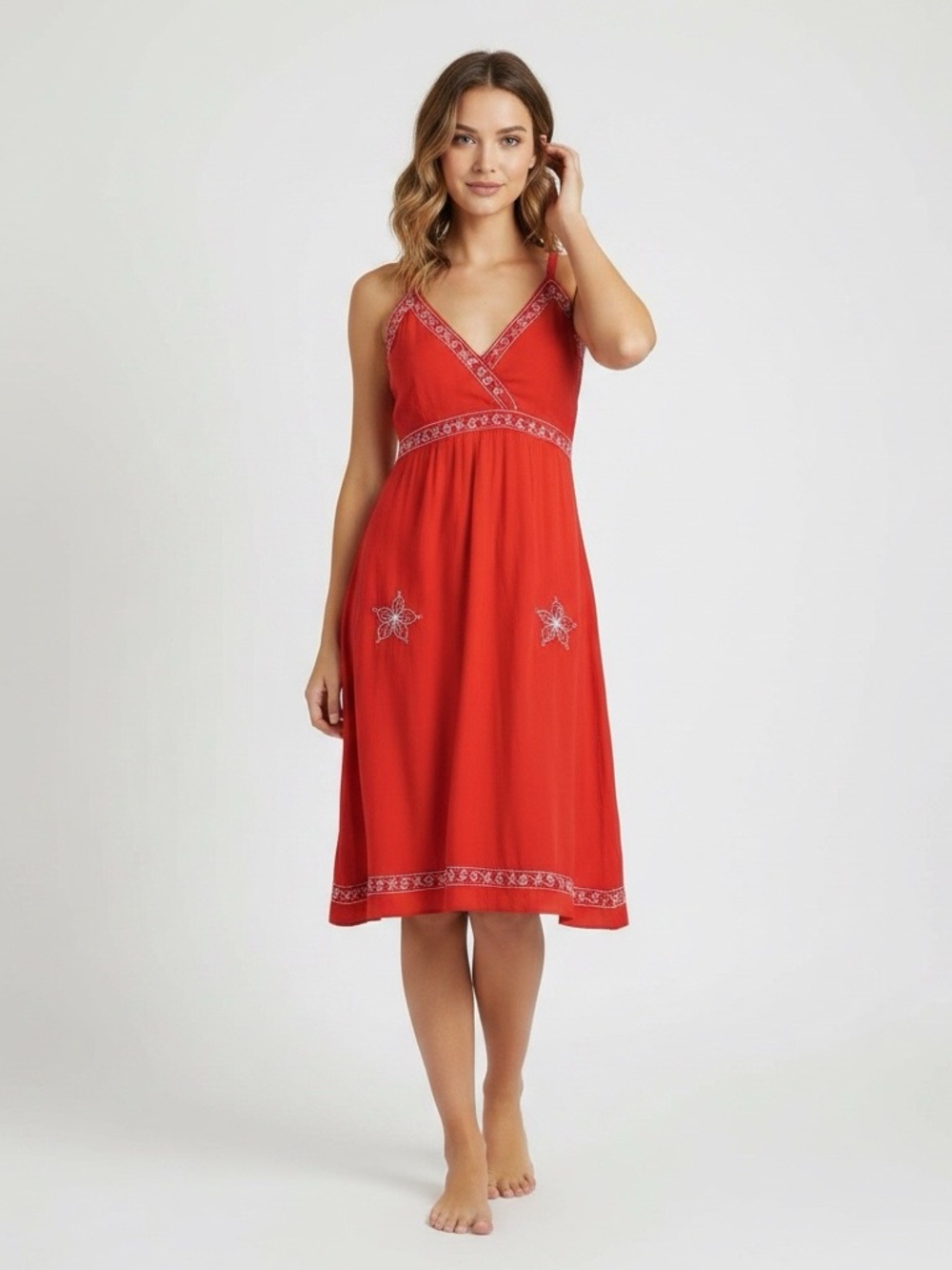 Unbranded red white embroidered slip dress elastic size small handmade Indonesia - Picture 1 of 15